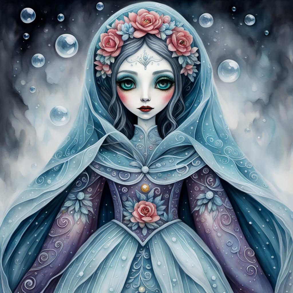 Frozen Fairy Queen in Dark Fantasy Watercolor Painting