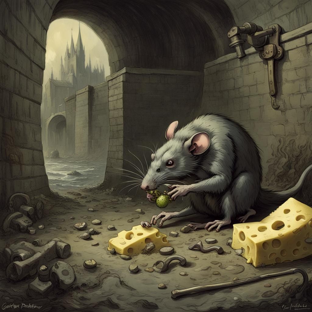 A large ugly rat gnawing on a piece of moldy old cheese.