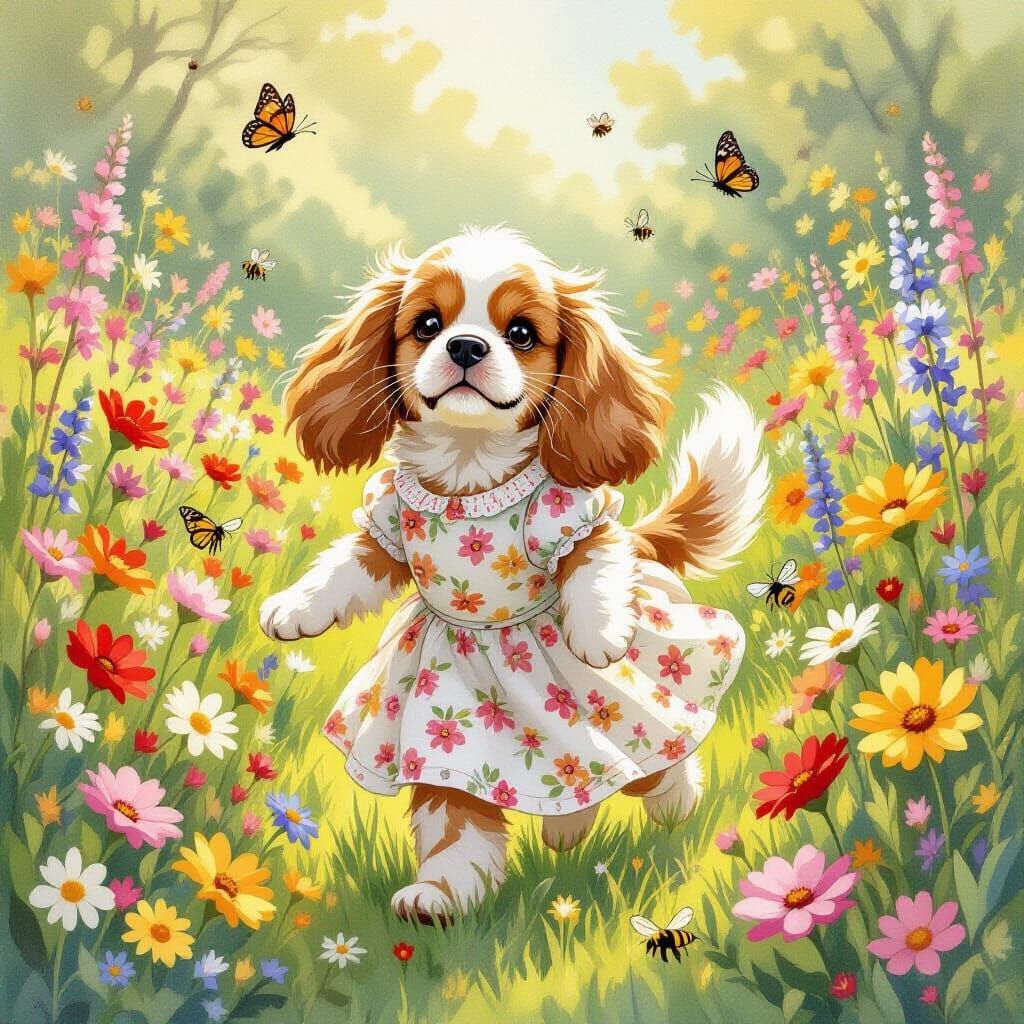 English Spaniel in Garden, Children's Book Illustration