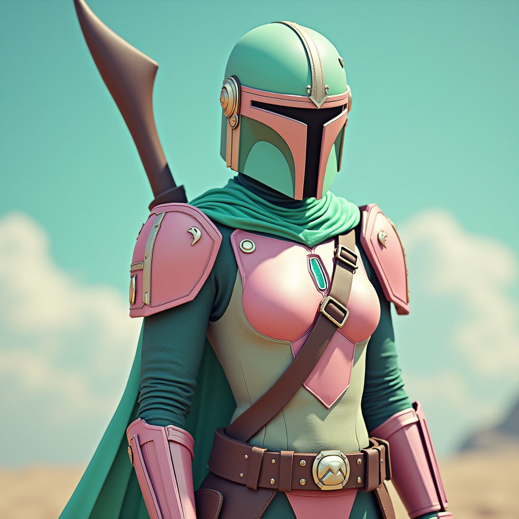 Heroic Female Mandalorian in Emerald and Pastel Armor