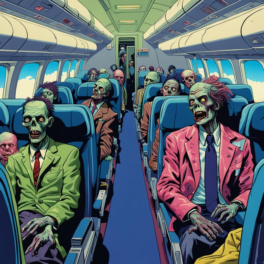 Vaporwave Zombie Passengers on Airplane in Hyperdetailed Sty...
