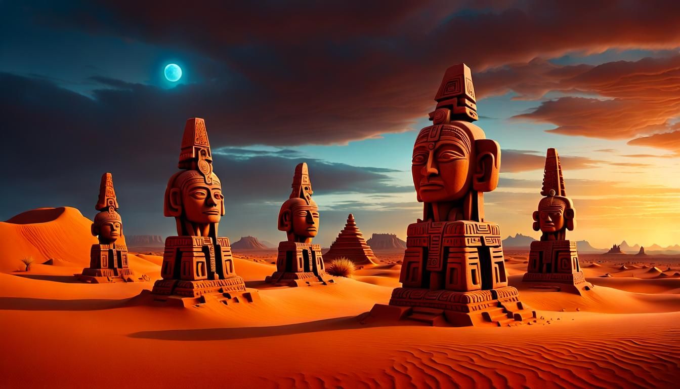 Mystical Aztec Sculptures in Surreal Desert Landscape