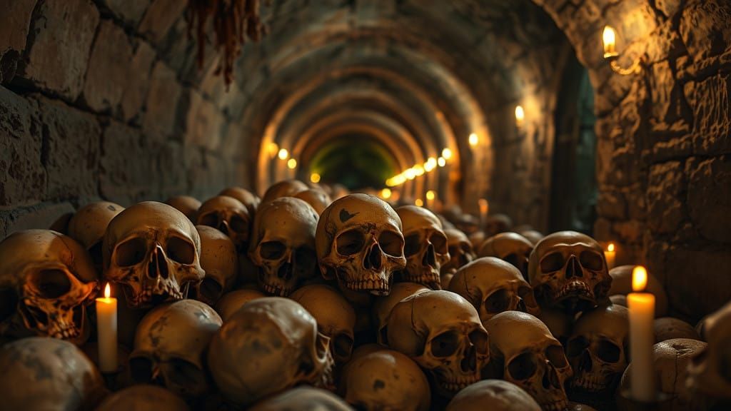Surreal Catacomb Scene with Worn Skulls and Golden Glow
