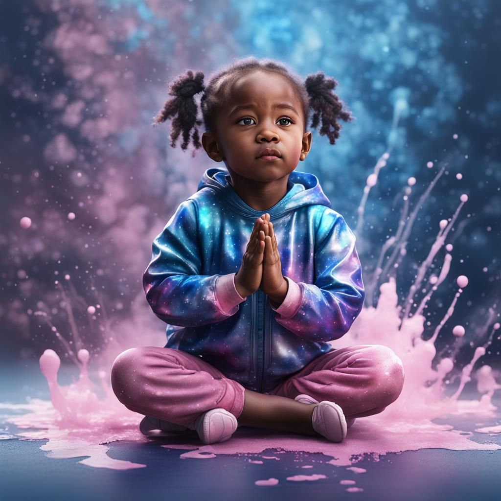 Toddler Praying with Watercolor Splash, Fantasy Concept Art