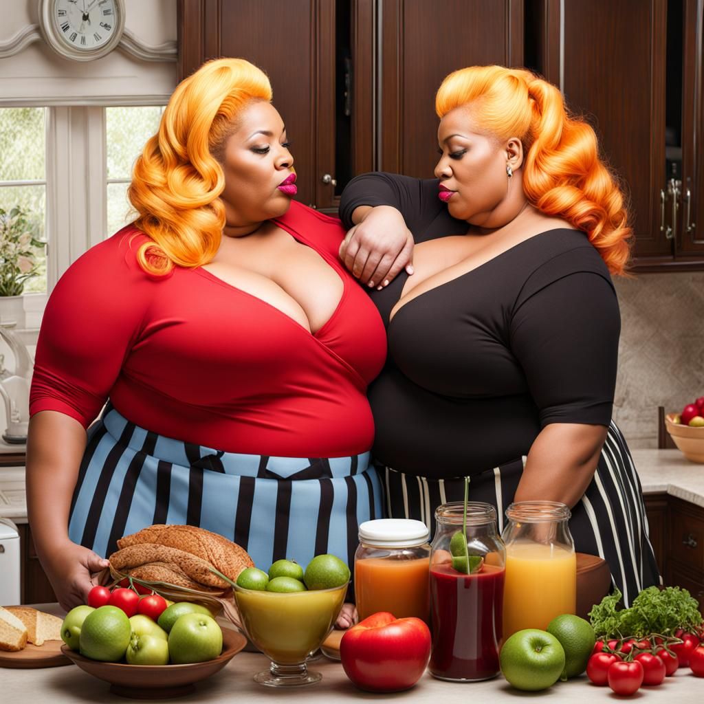 Two Obese Women Kissing in Kitchen