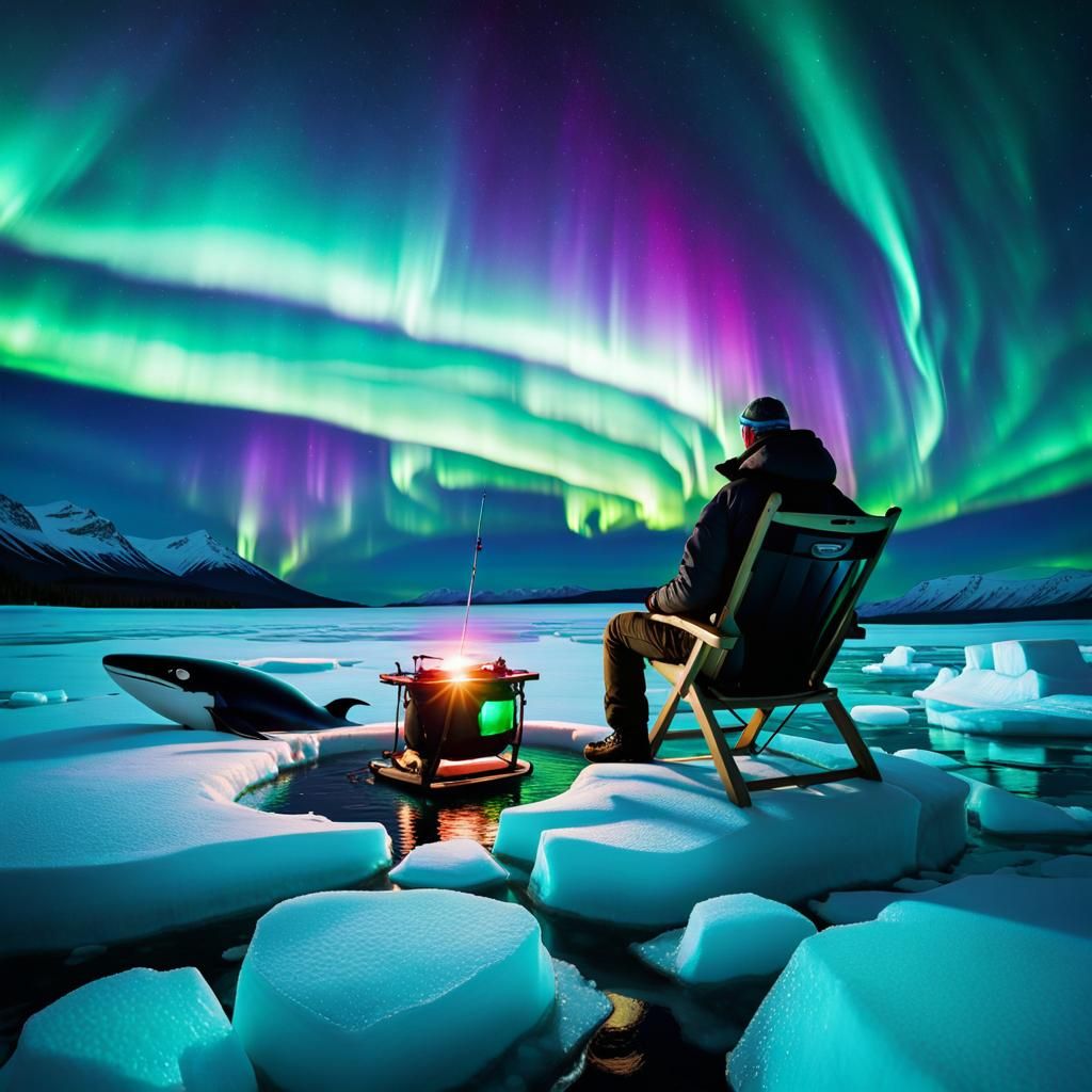 Angler Fishing Under Northern Lights at Night