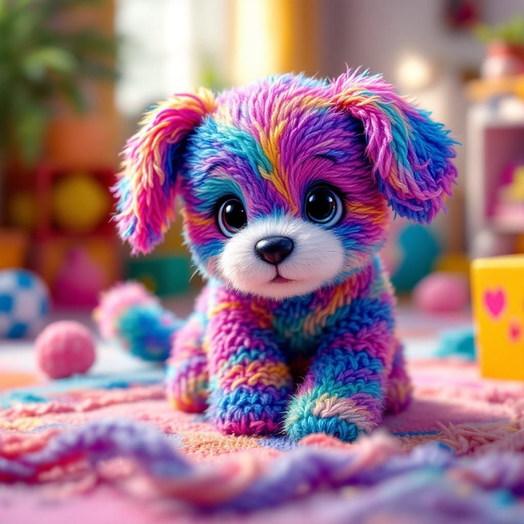 Whimsical Crocheted Puppy in Vibrant Playroom