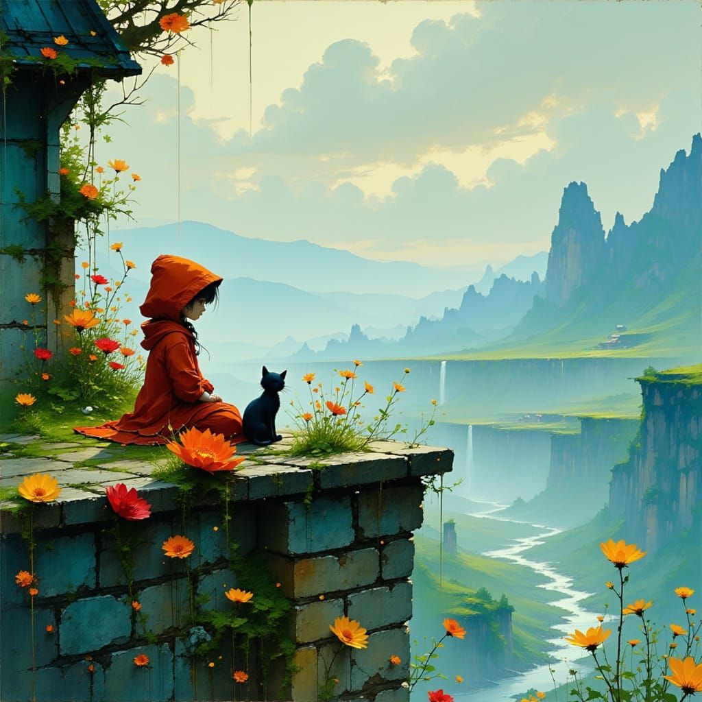 Whimsical Valley Scene with Girl and Cat