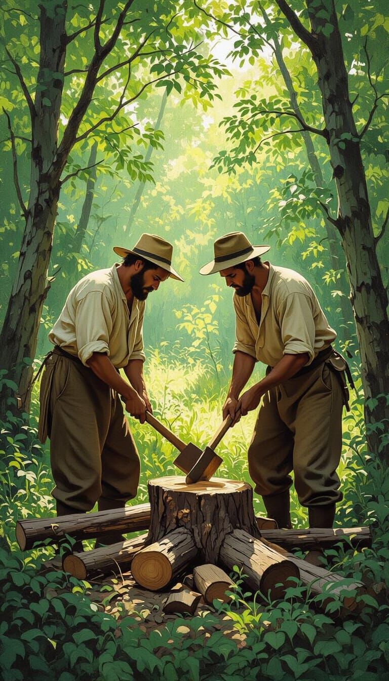 Rustic Woodcutters in Forest: Rockwell-esque Illustration