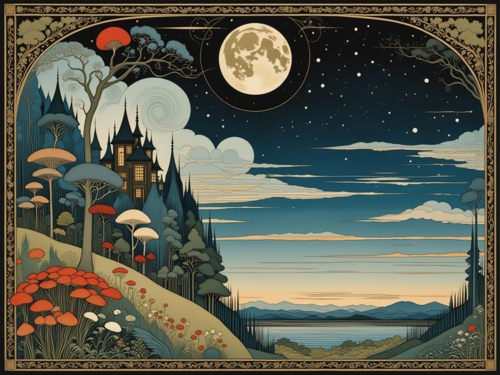 Whimsical Evening Landscape with Flowing Clouds and Serpenti...