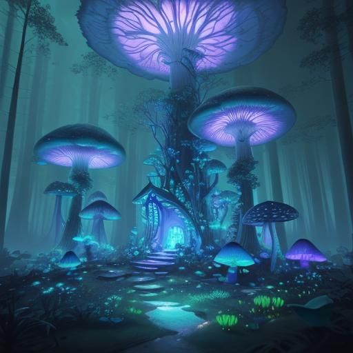 Glowing Mushroom House in Bioluminescent Forest