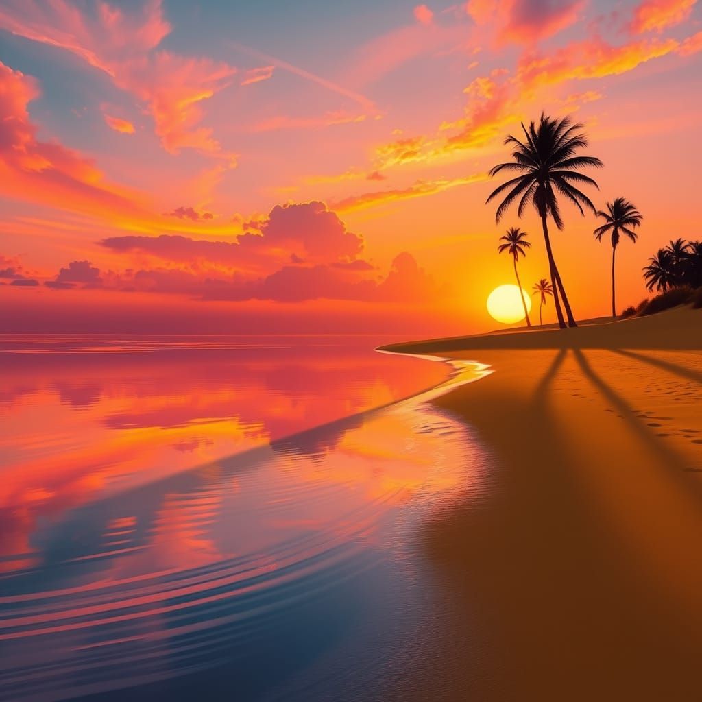 Serene Sunset Reflection in Impressionistic Style