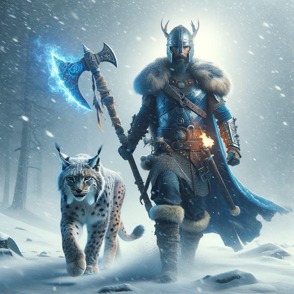 Viking Warrior with Lynx in Snowy Blizzard