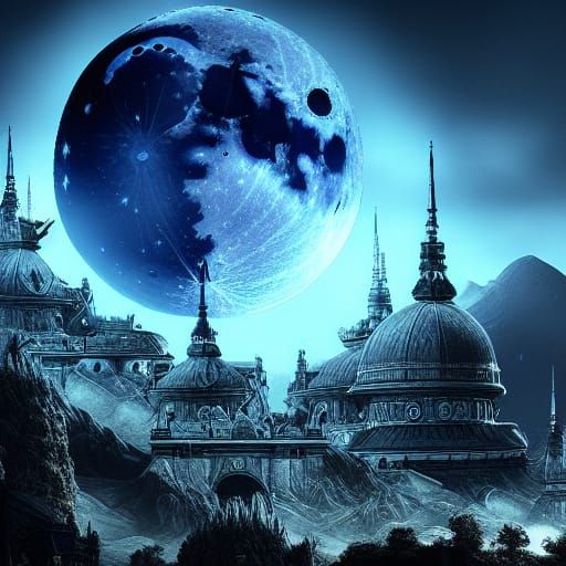 Epic Dark Blue Moon Digital Matte Painting