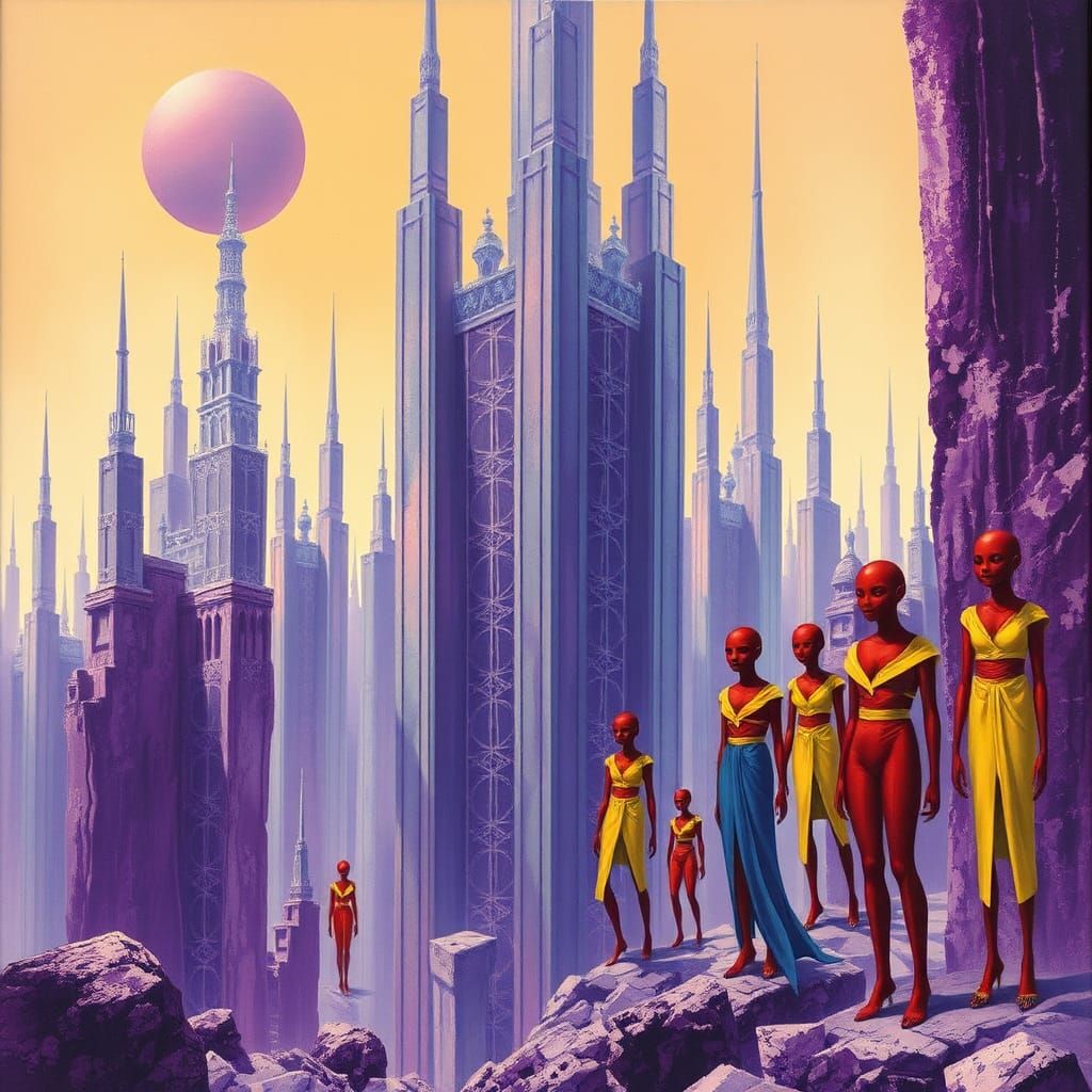 Glass City with Red People in Surrealist Style