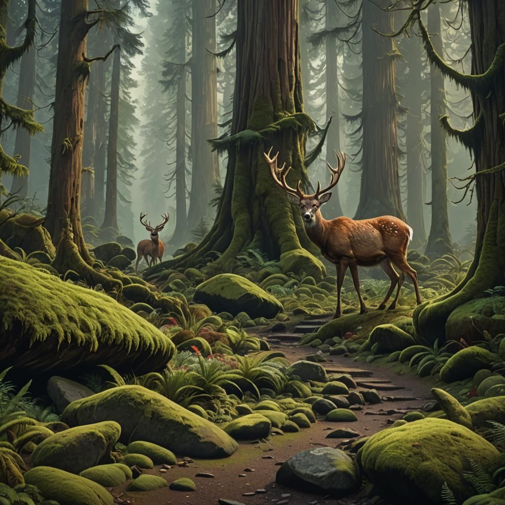 Enchanted Redwood Forest Path with Deer, Fantasy Art