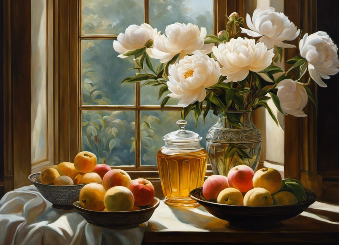 Still Life with Fruit, Honey and Peonies