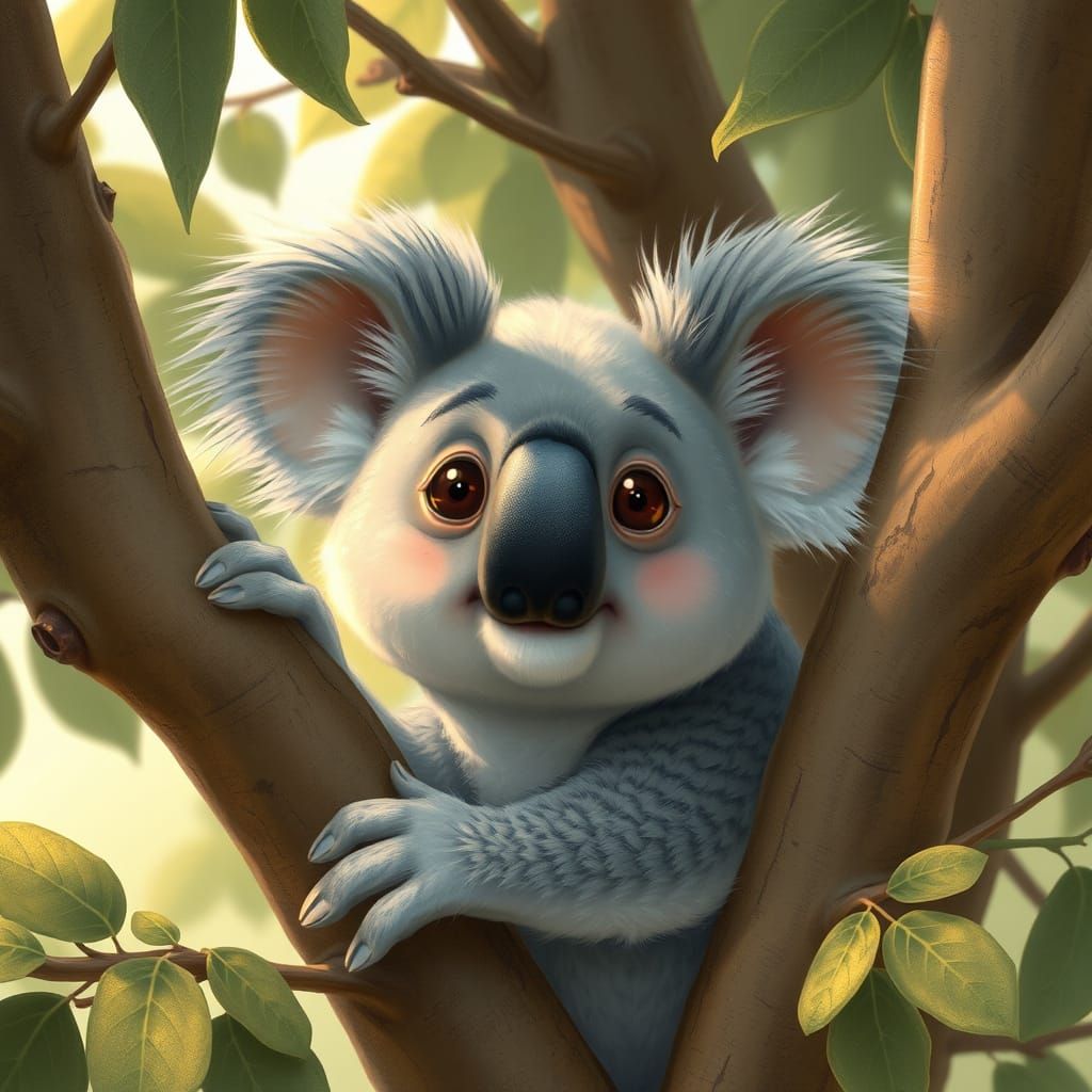 Koala in Eucalyptus Tree, Whimsical Illustration