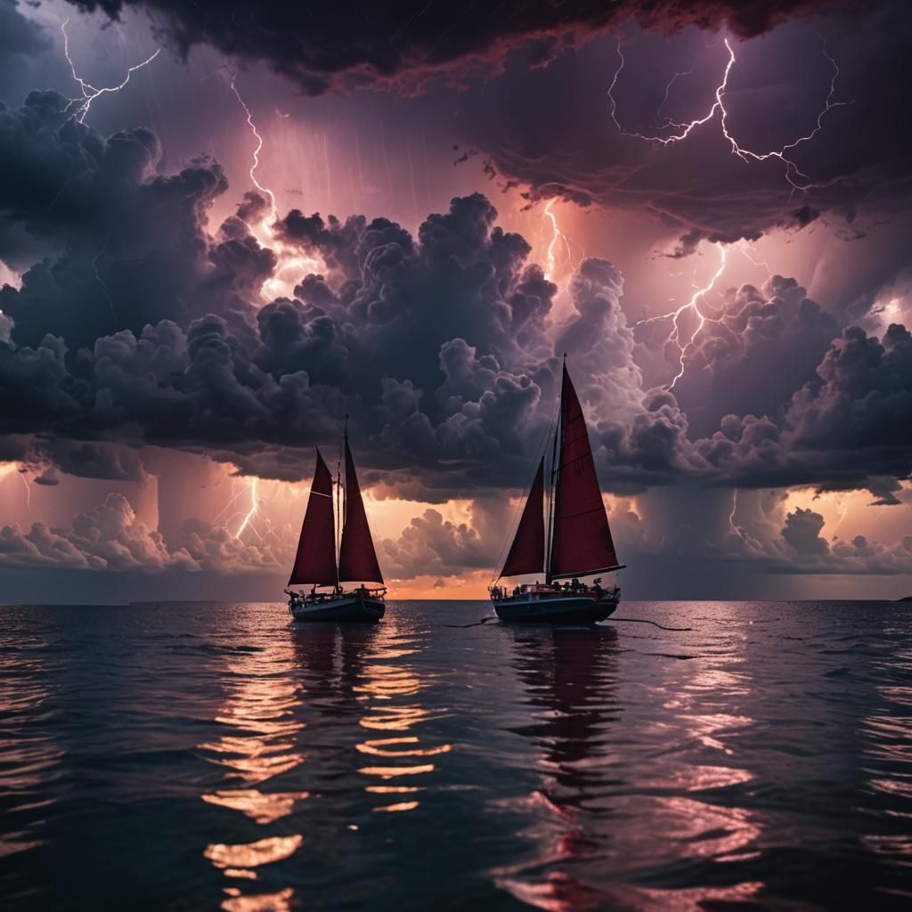 Cinematic Image of Man Sailing Boat Through Storm