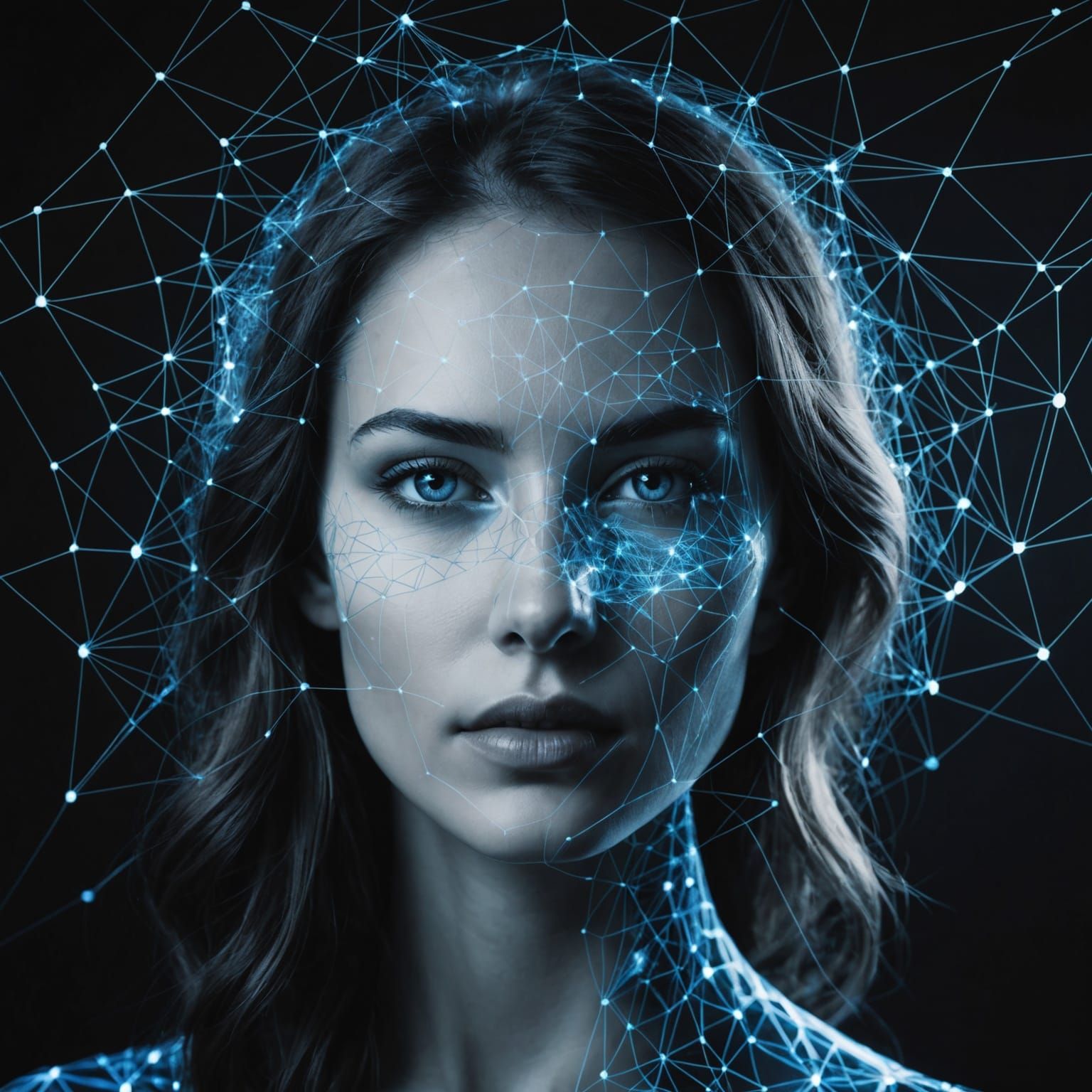 Female Face Double Exposure with Glowing Web