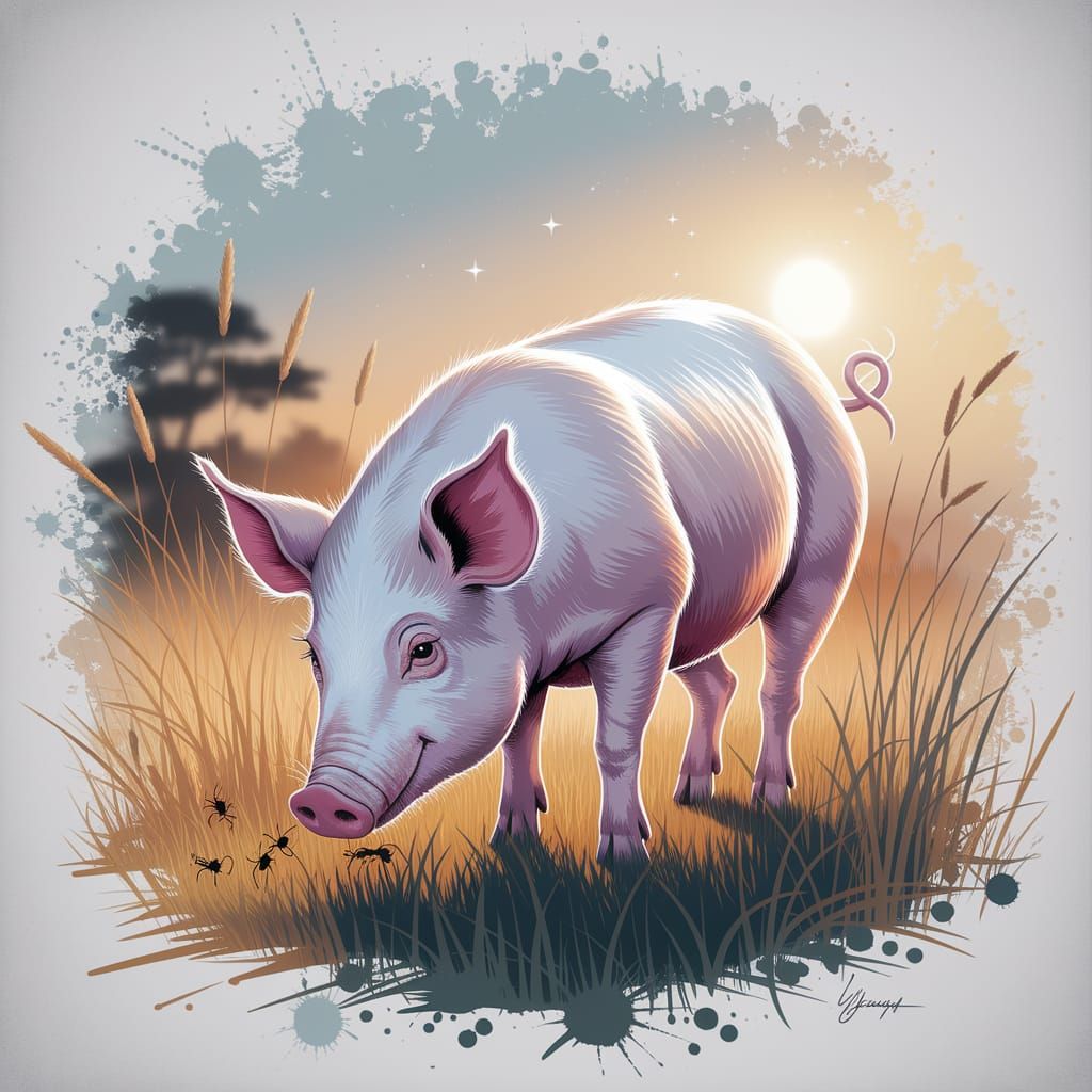 Piglet's Twilight Forage: A Stylized Watercolor Painting