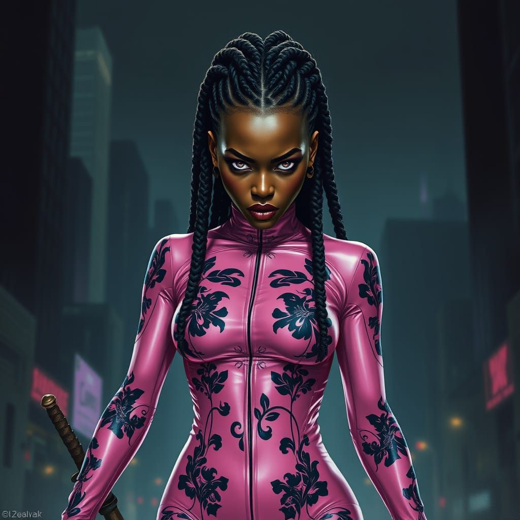 African Woman with Katana in Cyberpunk Cityscape
