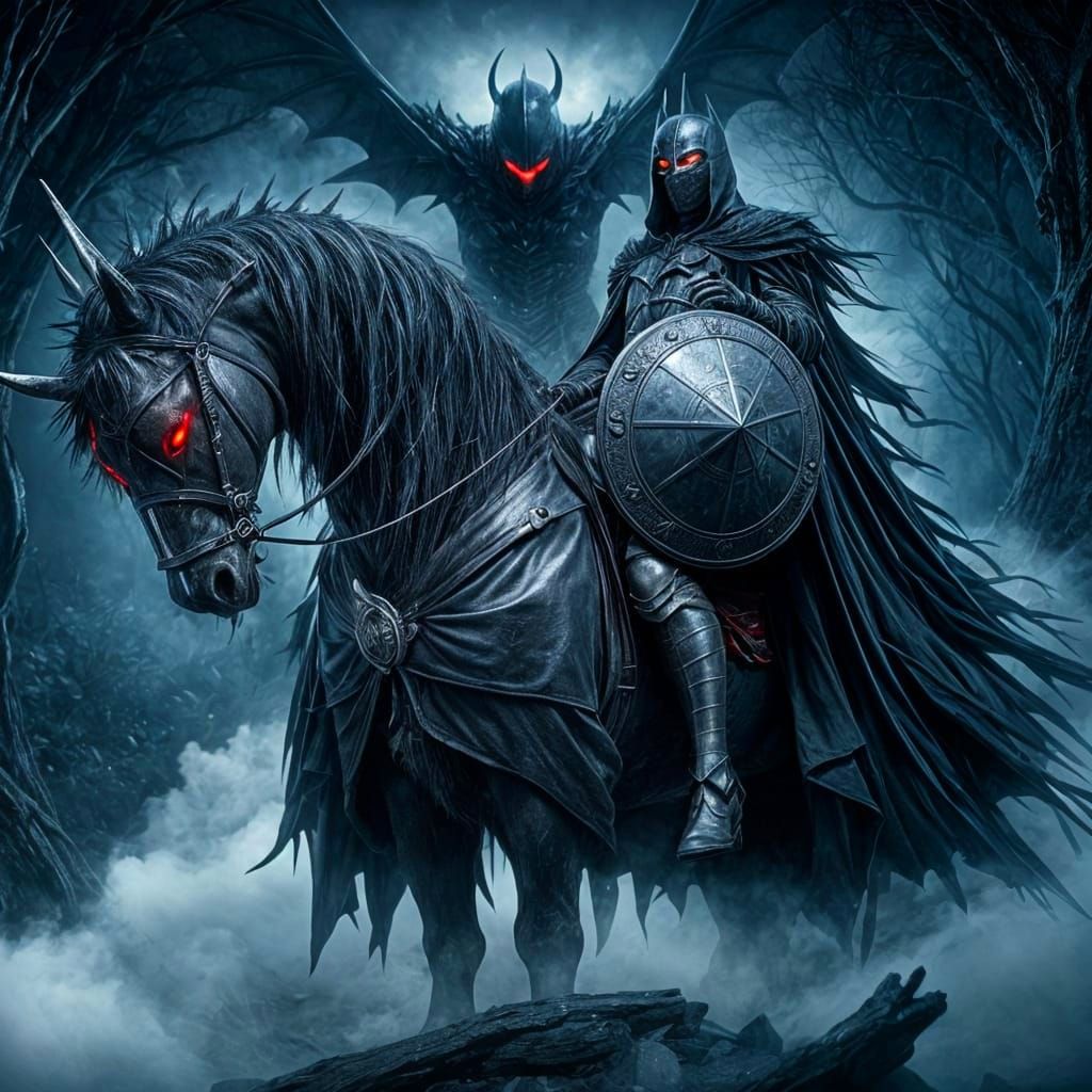 Dark Knight on Armored Horse in Shadowy Forest