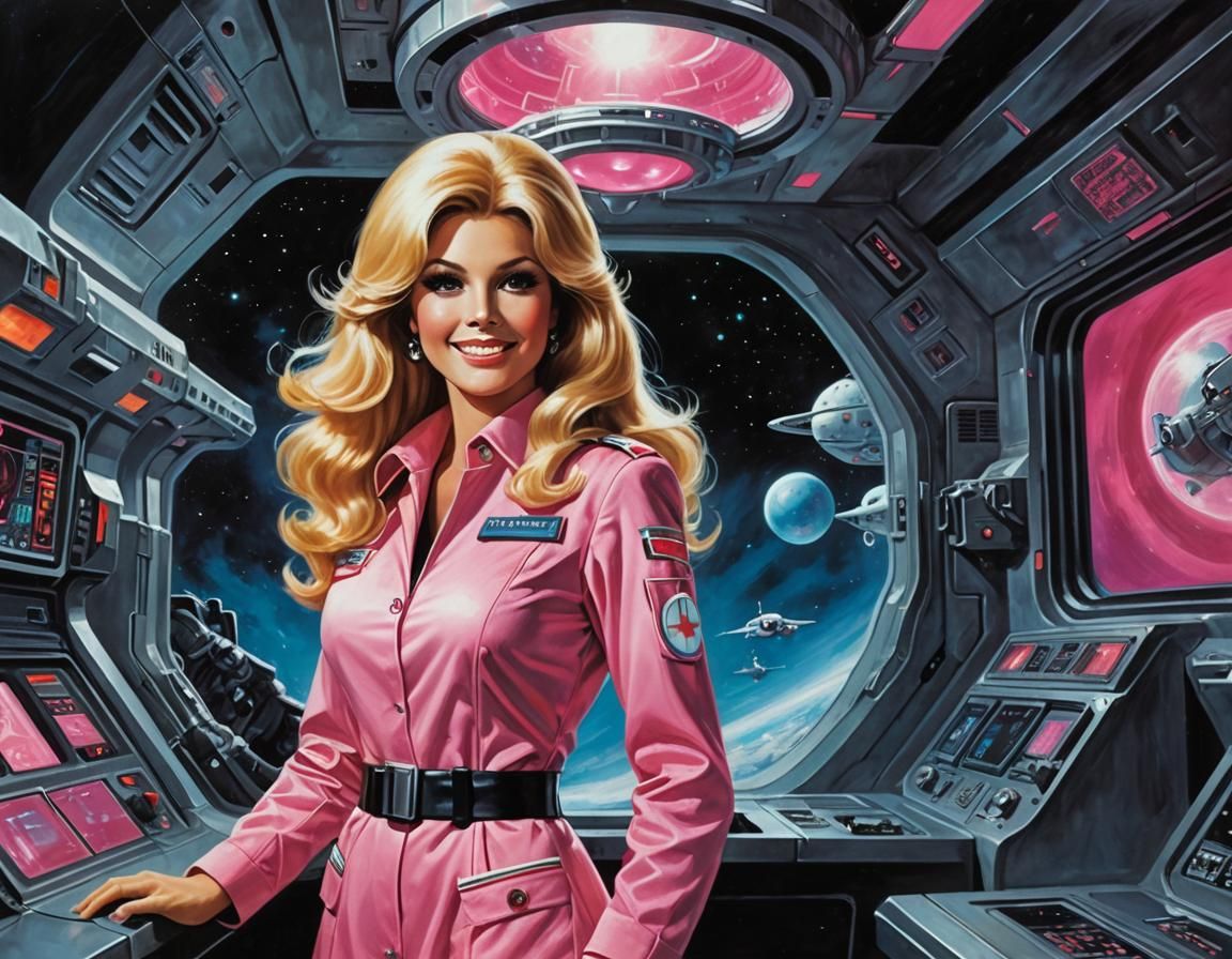 Retrofuturistic Nurse in Space Station, Mixed Media Art