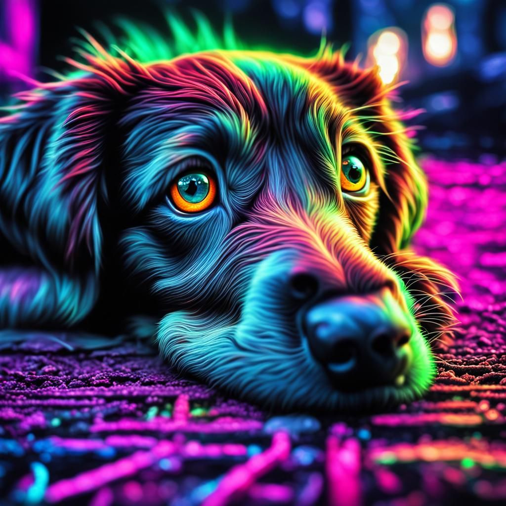 Hyperrealistic Neon Puppy Portrait in HDR