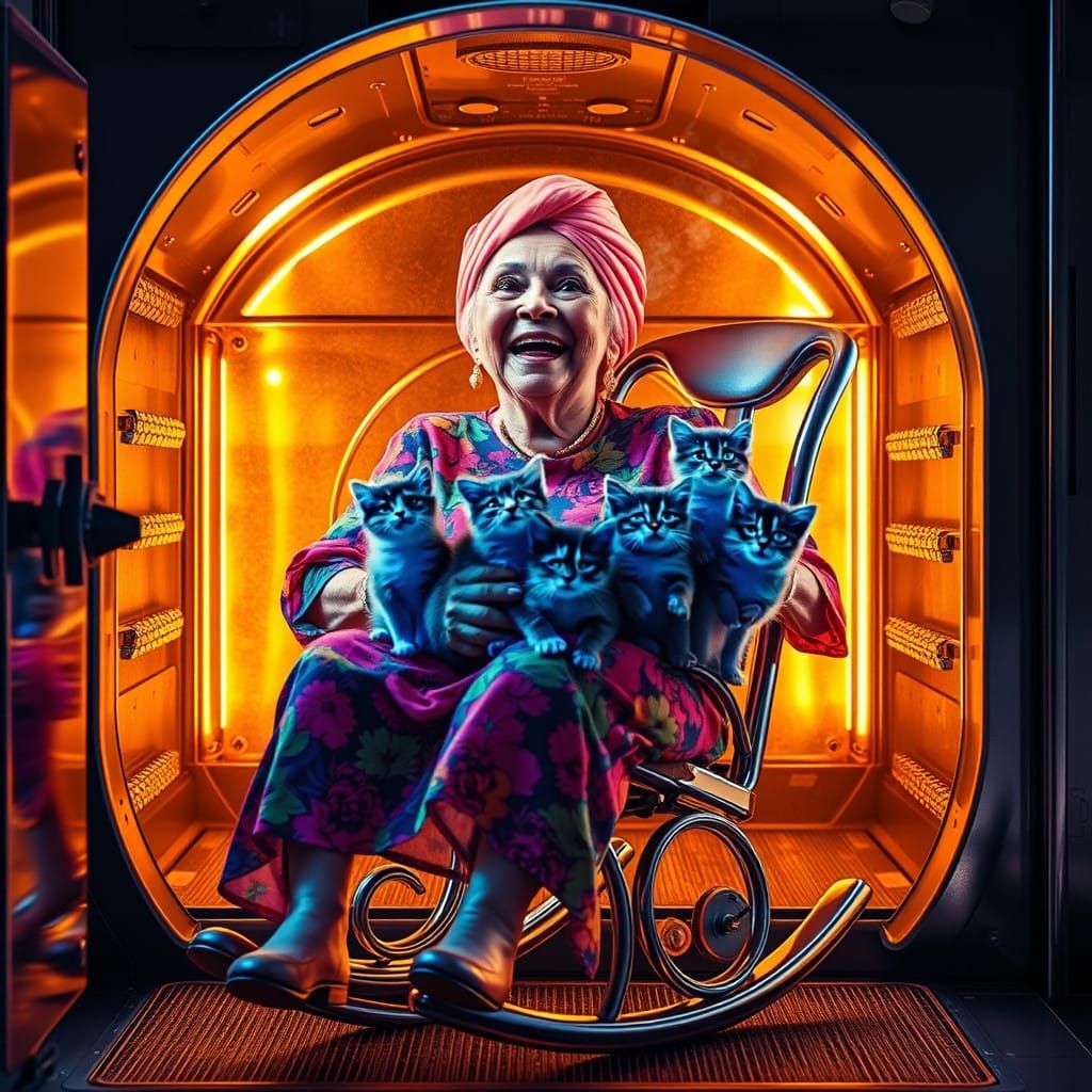 Eccentric Matriarch in Cozy Futuristic Oven Sanctuary