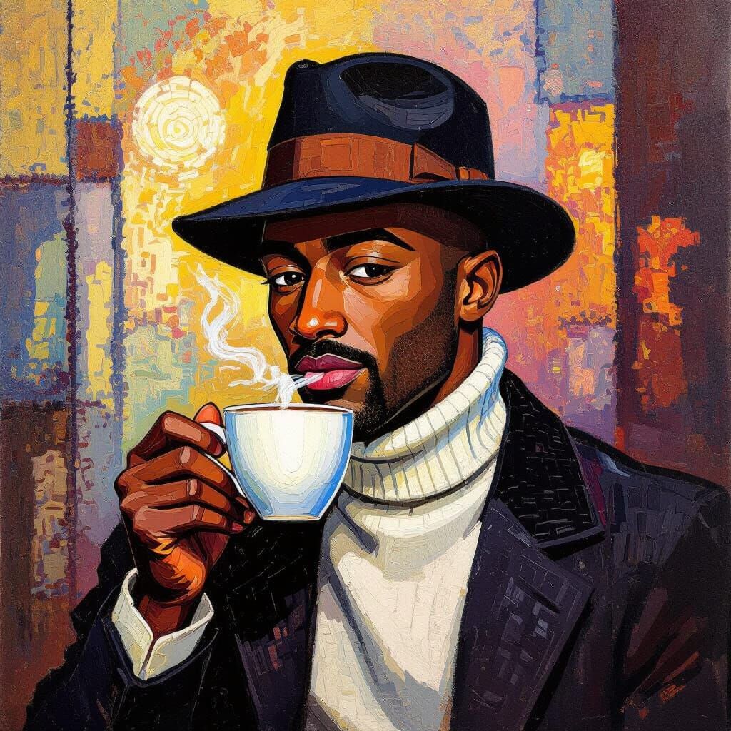 Bald Man in Fedora Drinks Coffee Neo Impressionist Painting