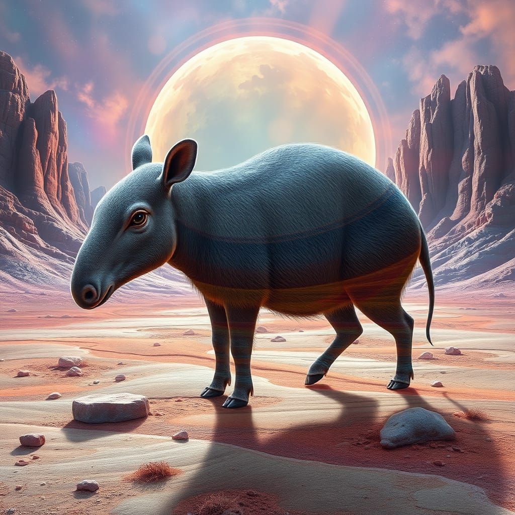 Whimsical Tapir in Fractal Alien Landscape