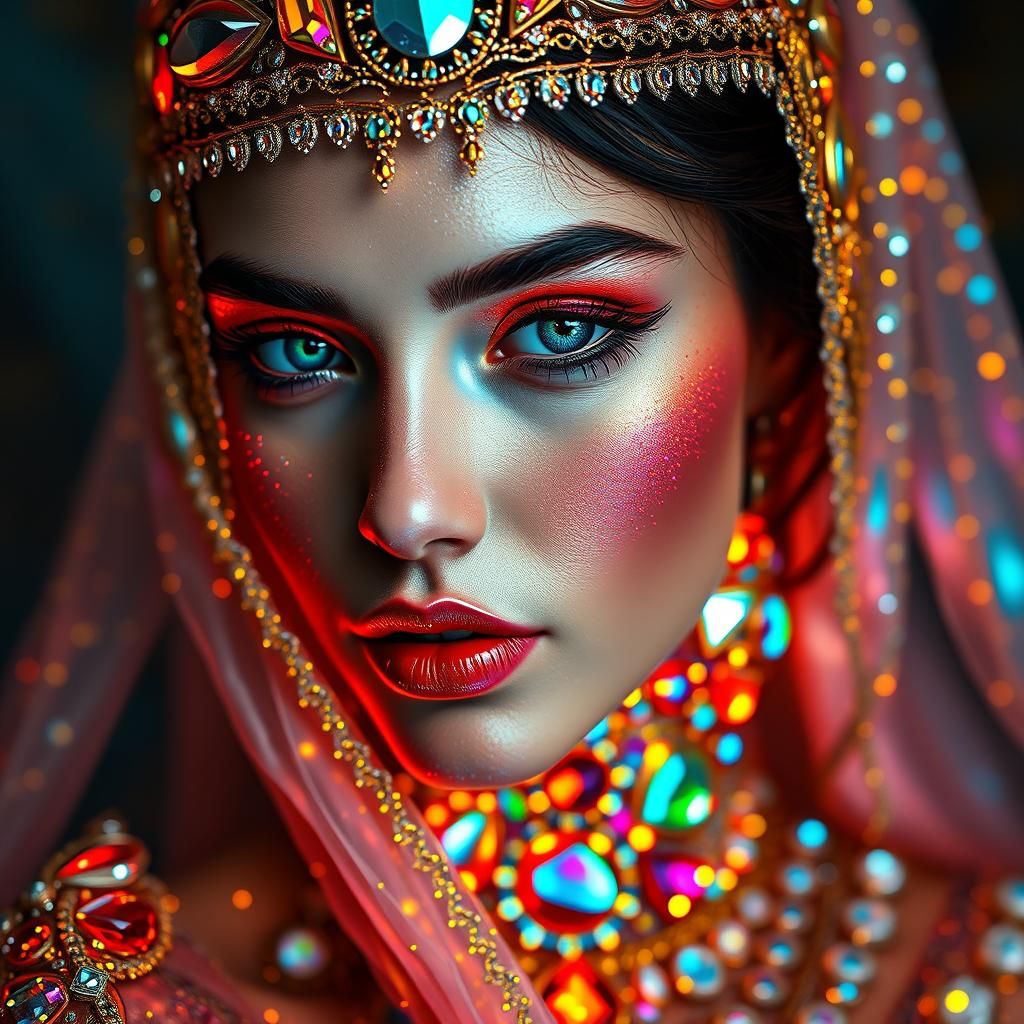 Jewel-Adorned Woman: Hyperrealist Portrait in Vibrant Colors