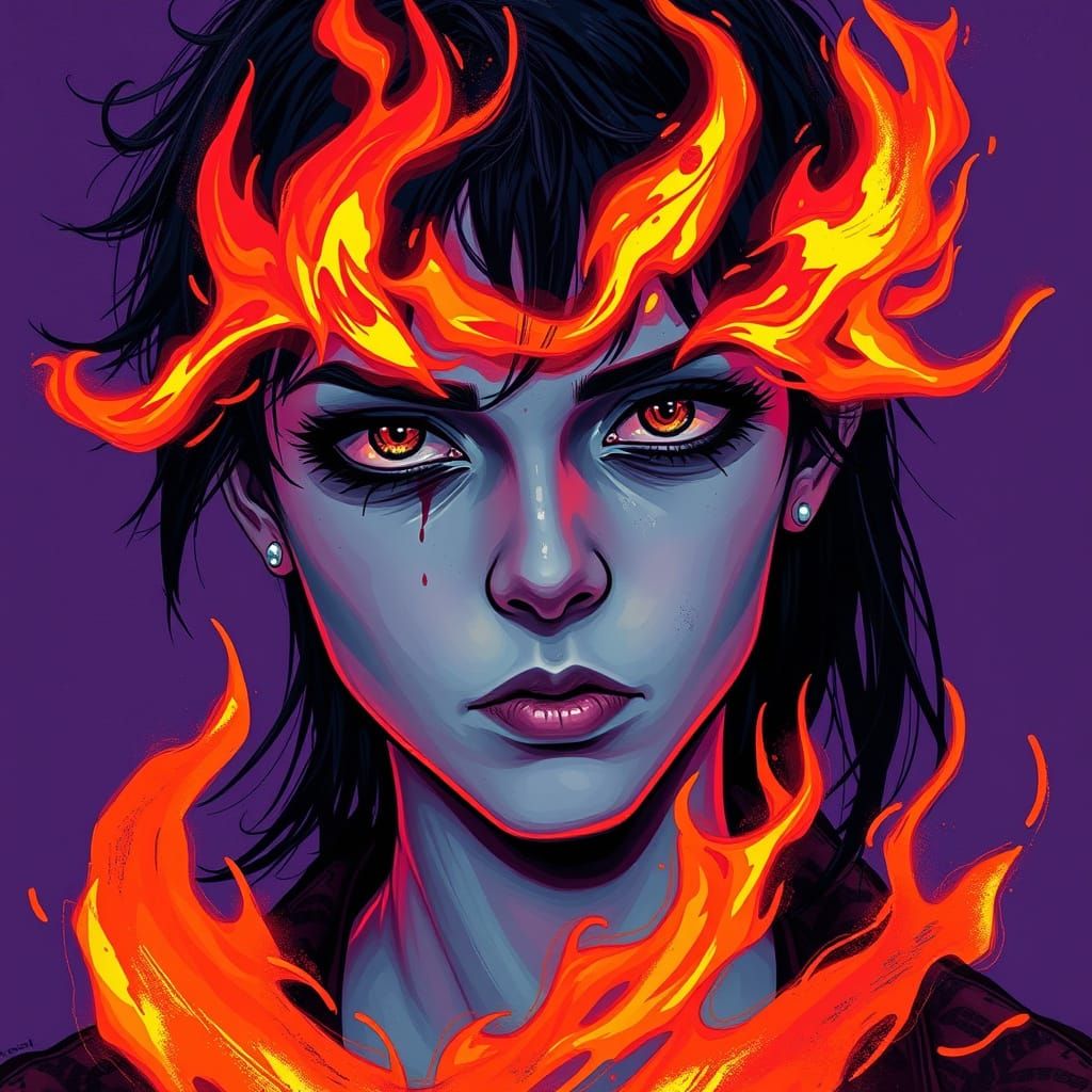 Goth Emo Teenager Enveloped by Fiery Flames