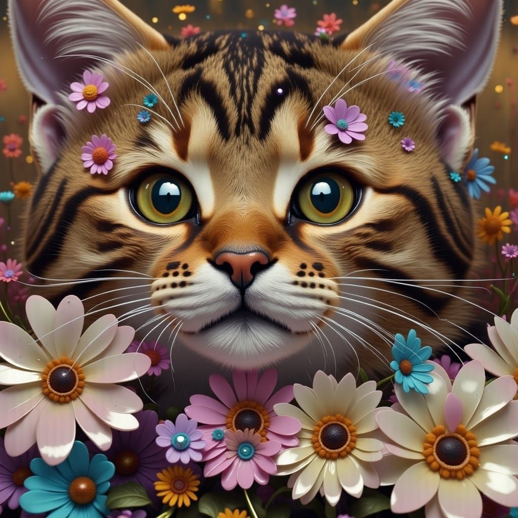 Metallic Robot Kitten Covered in Vibrant Blooms