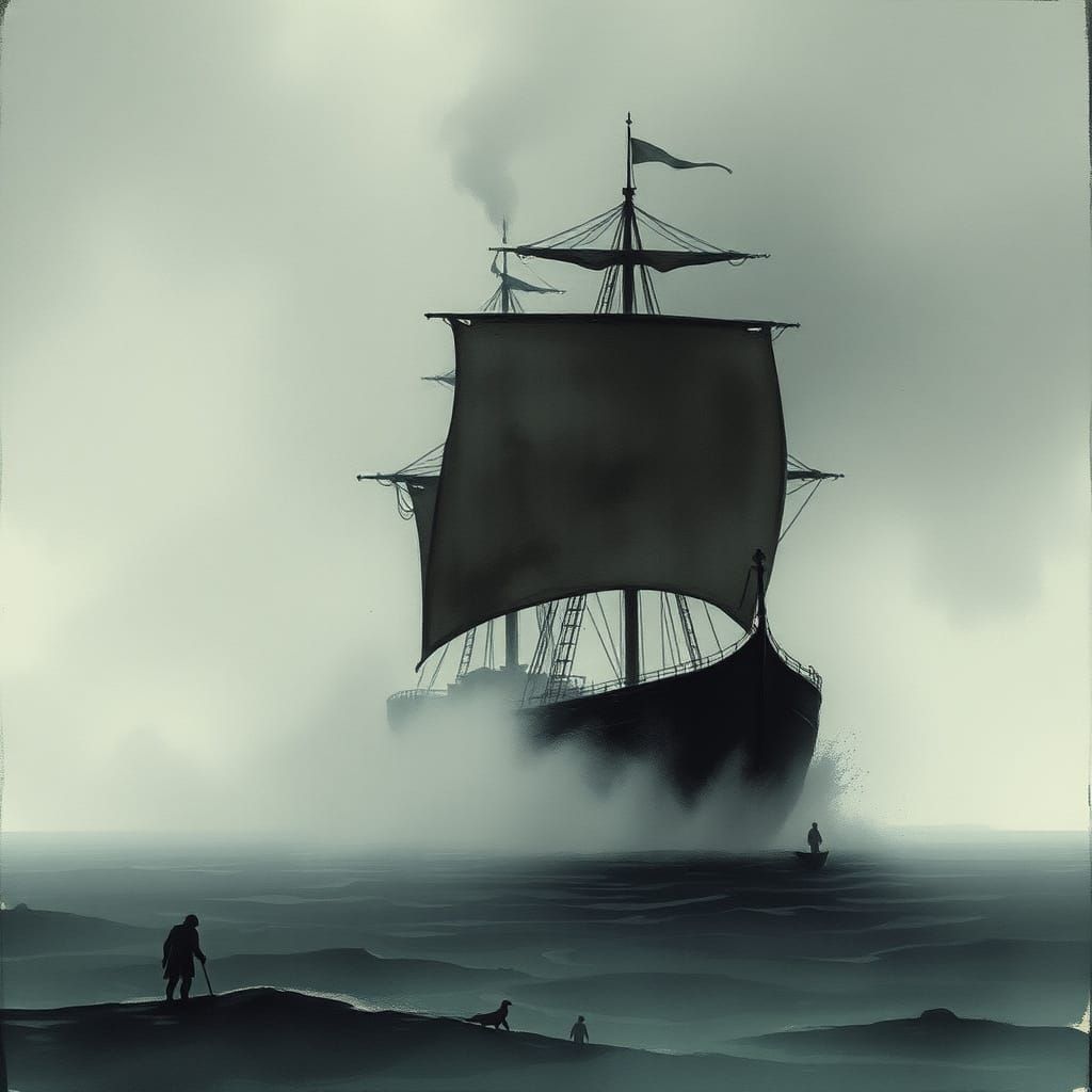 Mysterious Ship Sails into the Mists in a Dark Watercolor St...