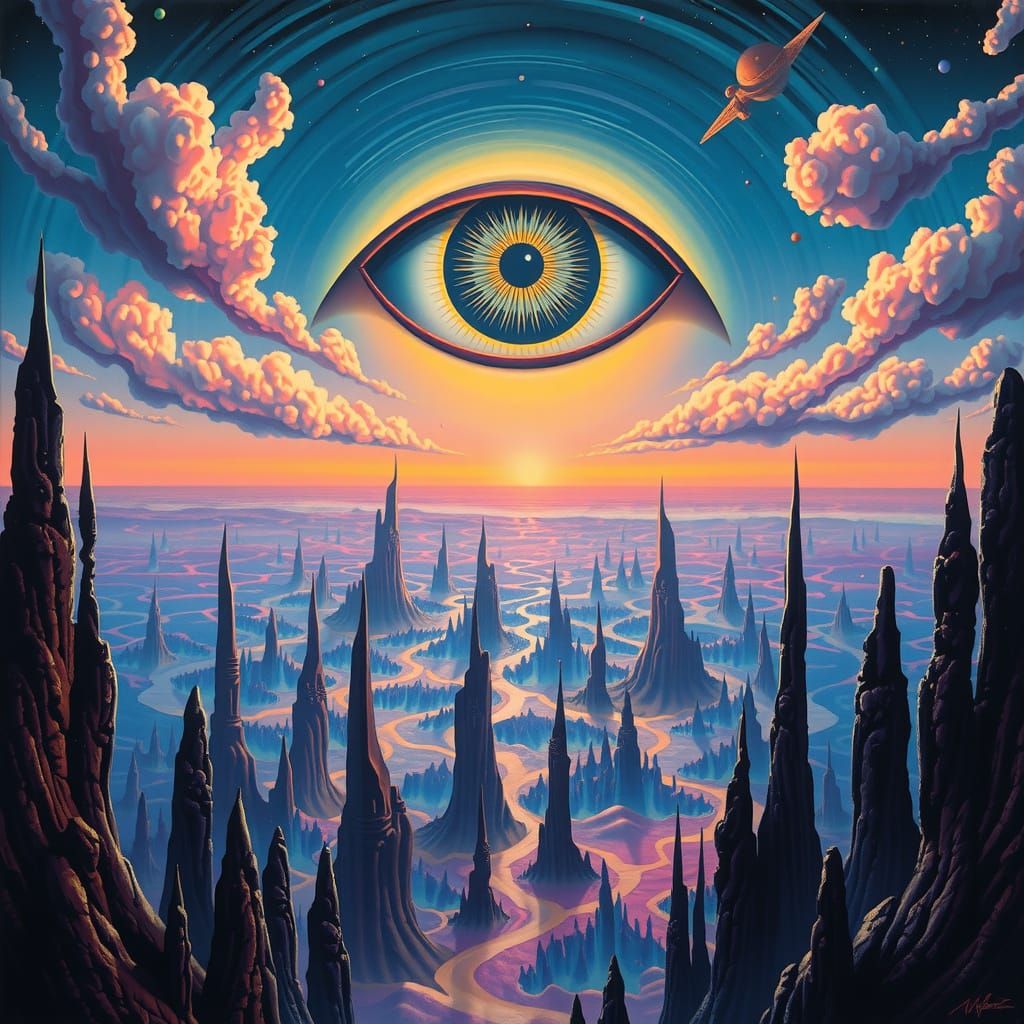 Surreal Landscape with a Glowing Eye in the Sky