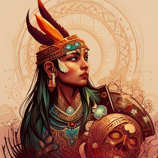 Indian Warrior with Golden Outlines Digital Art