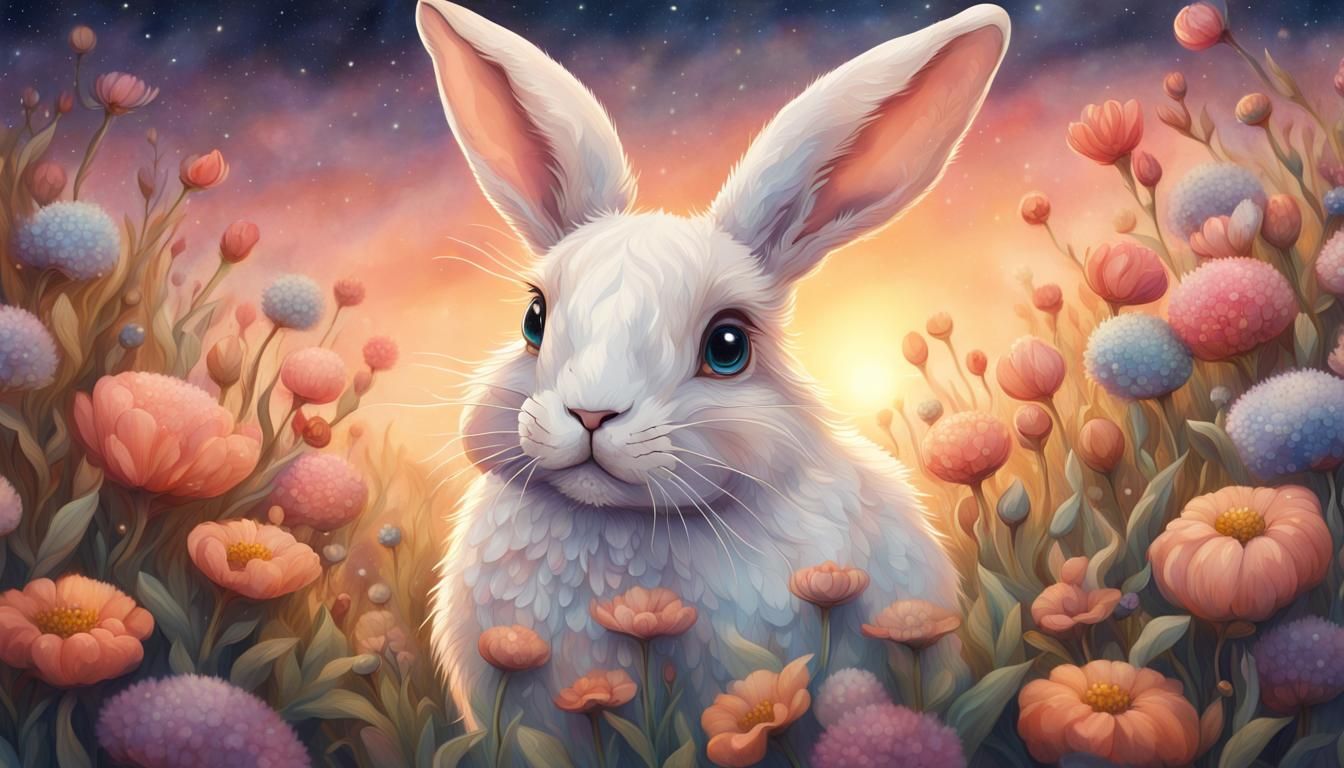 Ornate Fantasy Bunny in Flower Field at Sunset