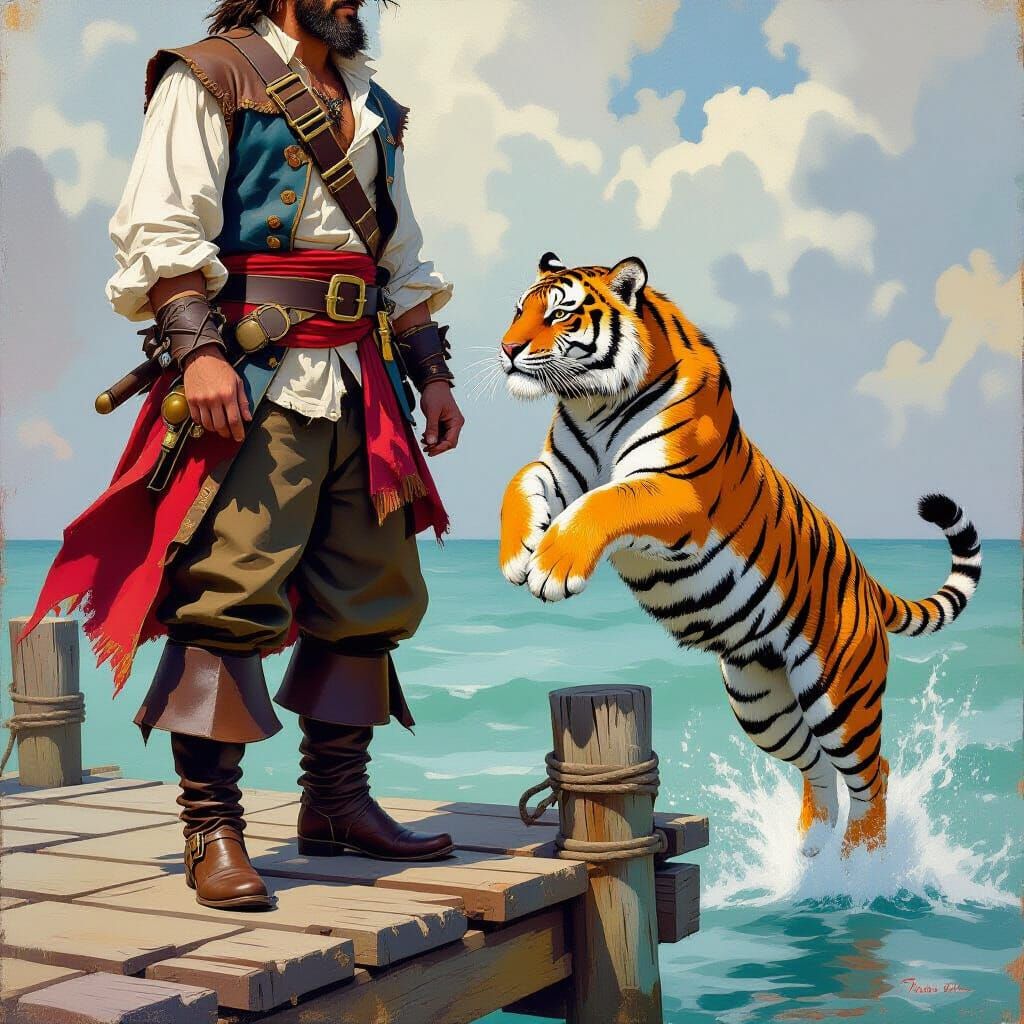 Tiger Leaps at Pirate in Pulp Fantasy Art Style
