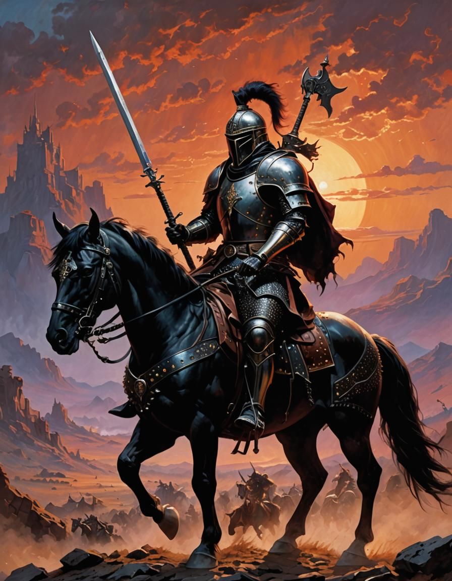 Chaos Knight on Warhorse in Desert Sunset: Vaporwave Style