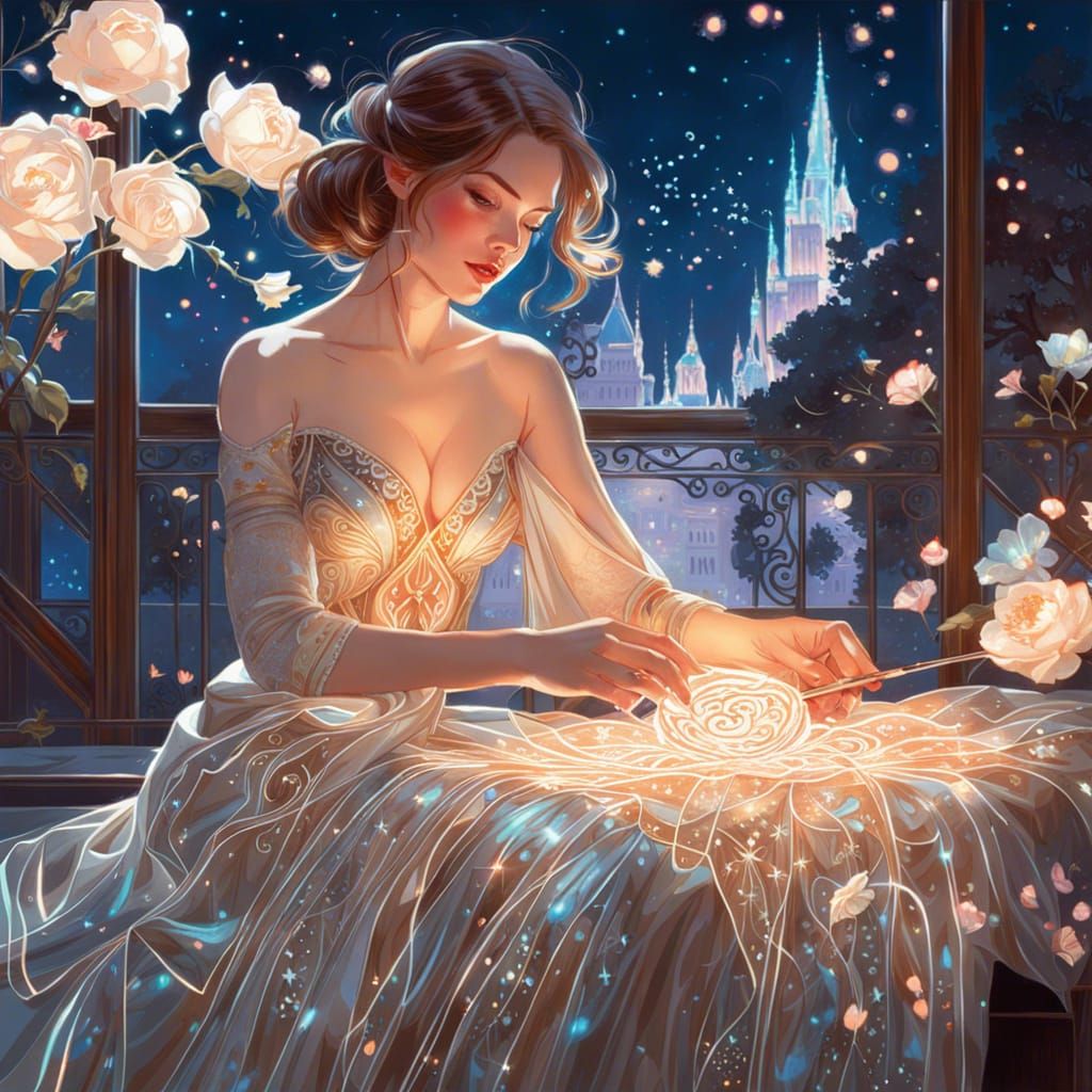 Woman Embroidering Magical Flower, Digital Art Style