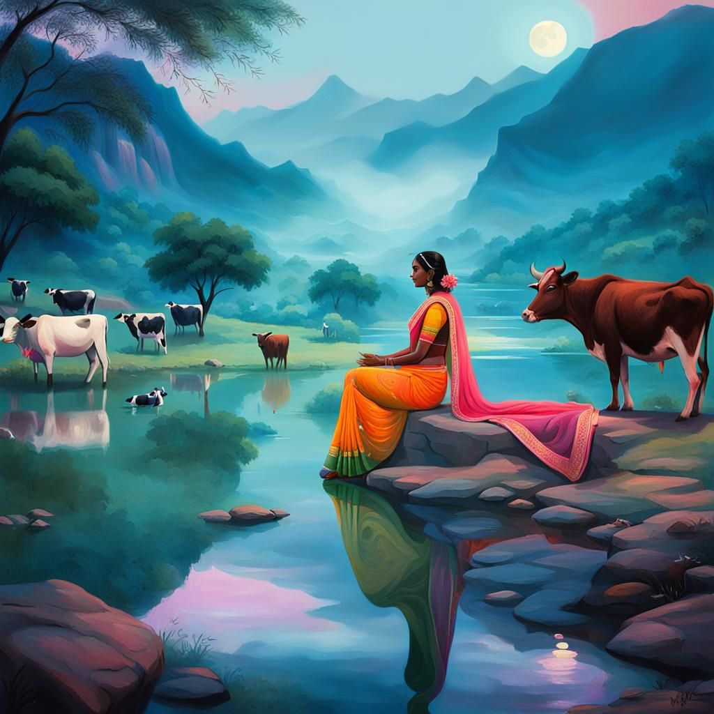 Indian Girl in Saree by Lake in Fauvist Style