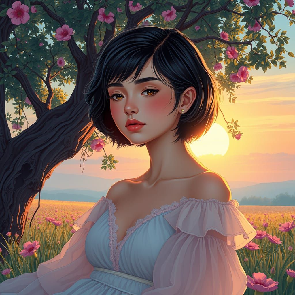 El ambiente del ocaso en un campo bañado por los jewel-toned de la amatista ,el rubi y el zafiro en sus campos de flores...