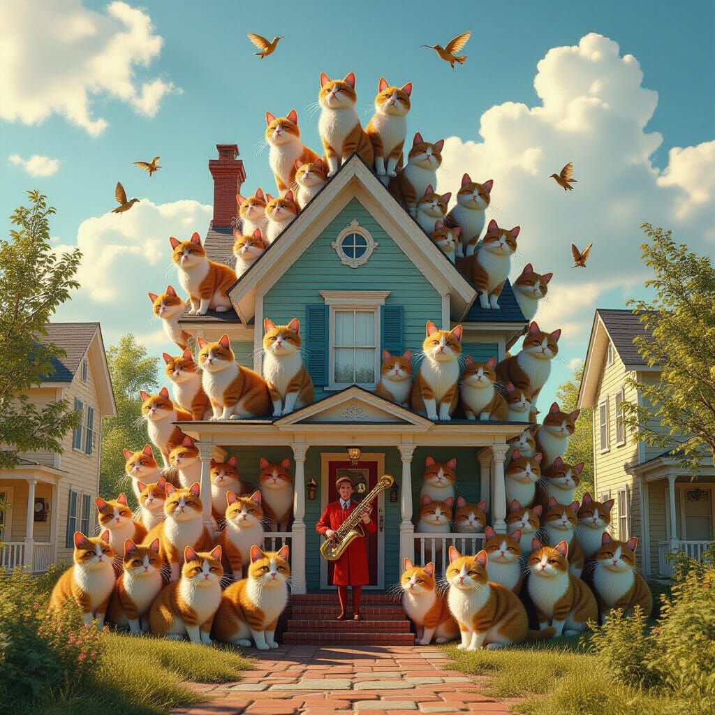 Pied Cats Lead Feline Caravan in Surreal 3D Rendering