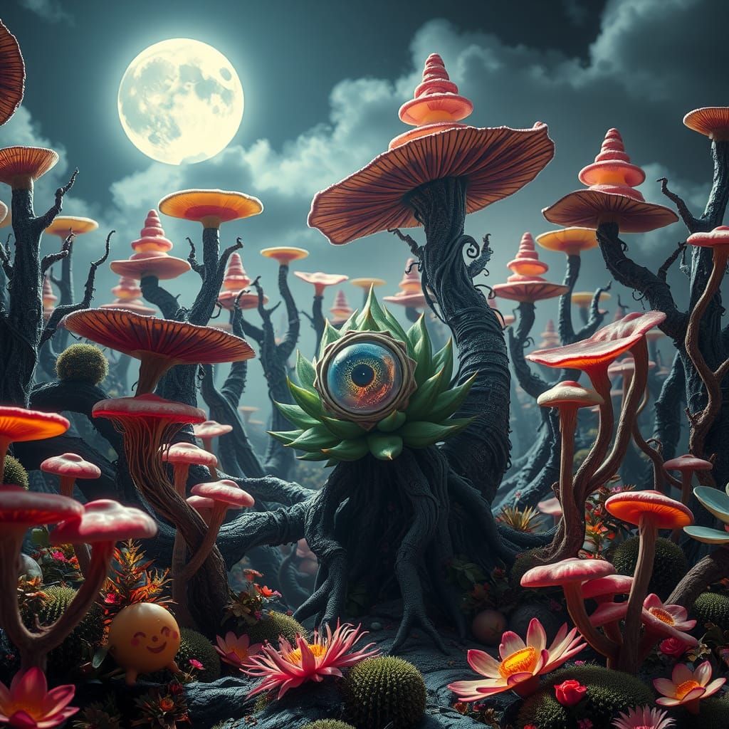 Eye of Nebula Monster in Surreal Garden