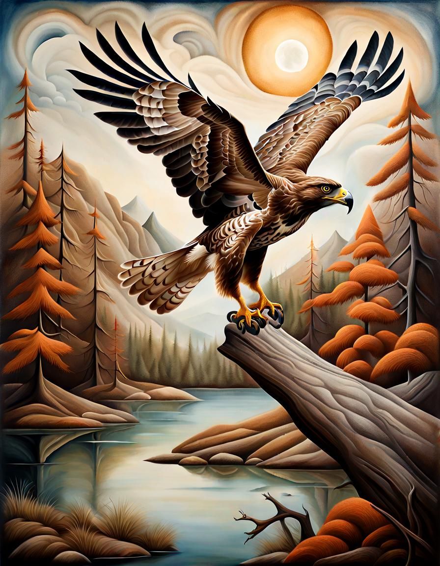 Hawk Soaring Over Ancient Wilderness: Impressionist Canvas