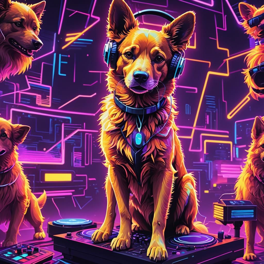Neon Synthwave Dog DJ in Retro 80s Style