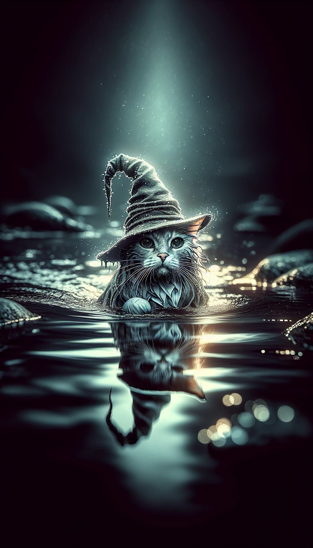 Cat Wizard Emerging from Water in Hyperrealistic Style