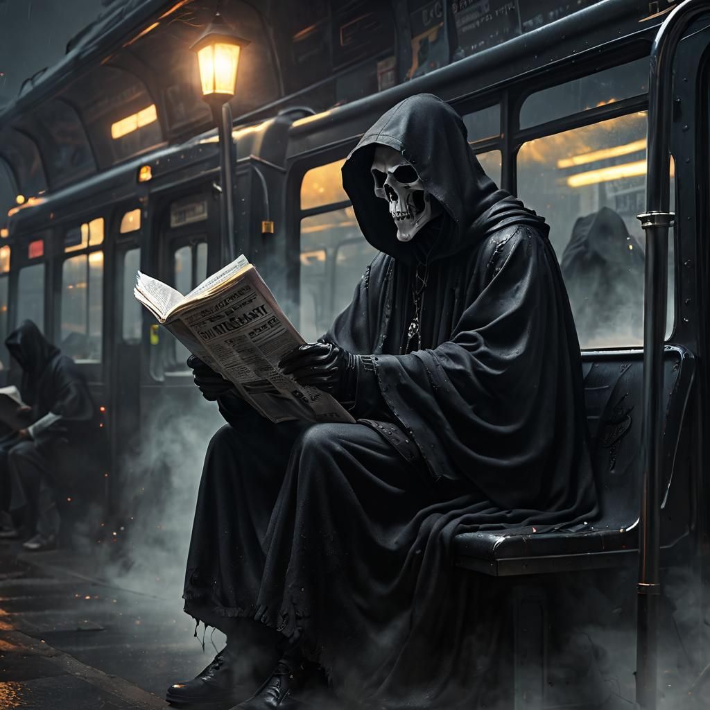 Grim Reaper Reads Newspaper on City Bus